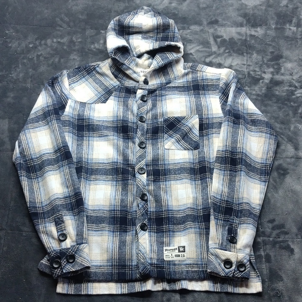 Young LA Jacket Mens Large Blue Flannel Shacket Plaid Hoodie Button Streetwear